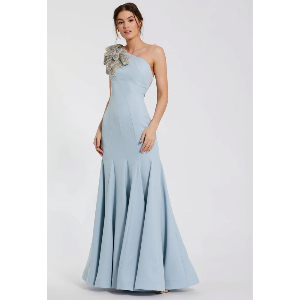 Mac Duggal Blue Crepe One Shoulder Gown With Crystal Flower